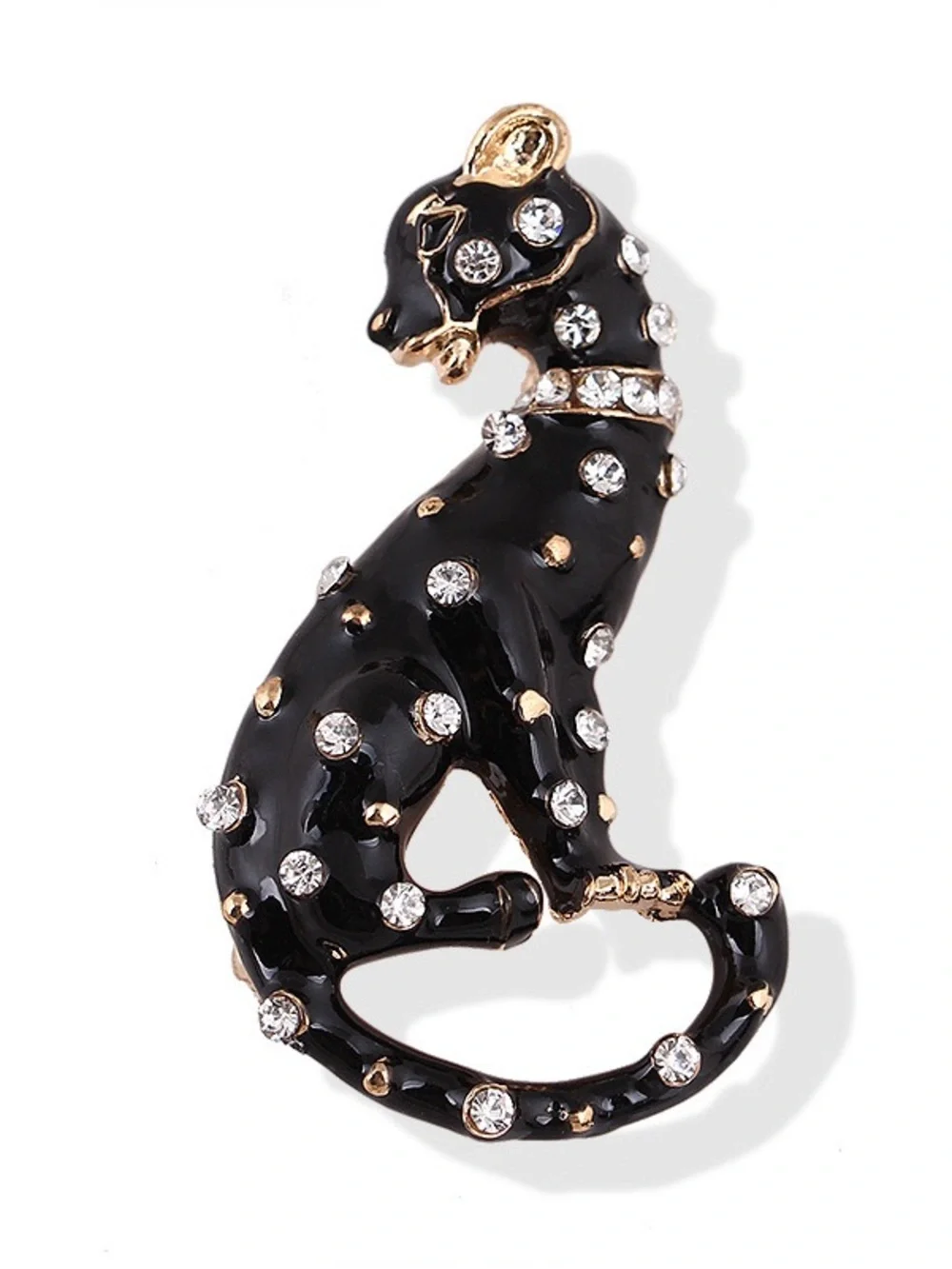 Black Panther Rhinestone Brooch Pin – Elegant Enamel Leopard Cat Lapel Pin.